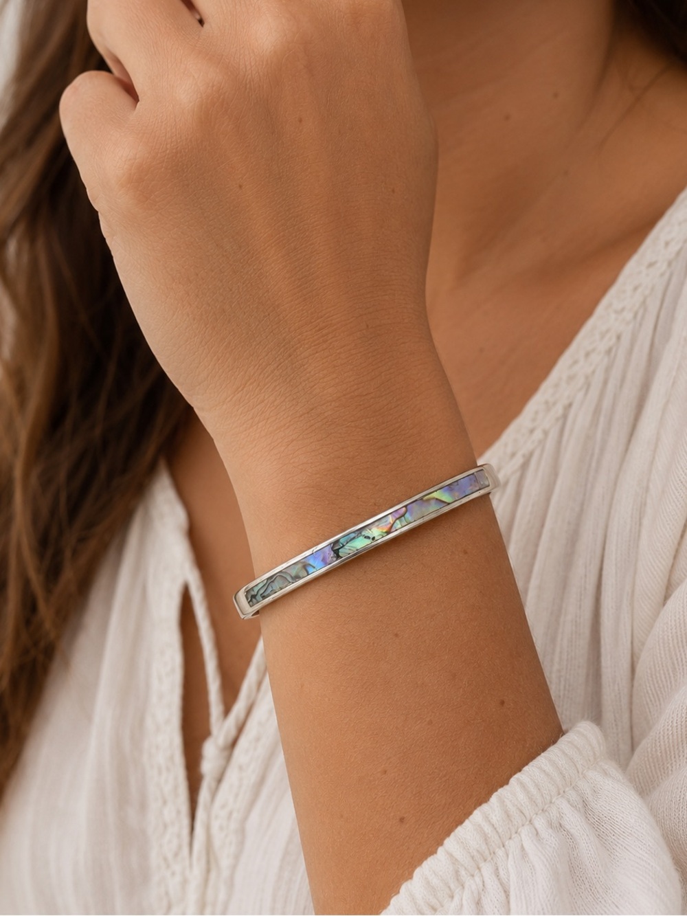 Sterling Silver Abalone Shell Inlay Cuff Bracelet 925 Iridescent Boho